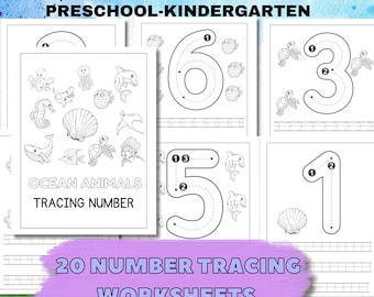 Ocean Animals Number Tracing Worksheets, Handwriting Practice (Digital Download)