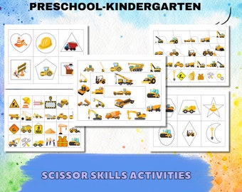 Construction Trucks Scissor Skills Activities. Printable Fine Motor Activity. Preschool Cutting Practice