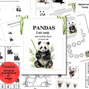 Peut inclure: Un pack d'activités et d'études sur les pandas imprimable pour les enfants de 3 à 6 ans. Le pack comprend 42 pages d'activités, telles que la mise en correspondance, le traçage et la coloration. La couverture présente une illustration aquarelle d'un panda tenant un bâton de bambou.