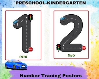 May include: Two printable number tracing posters for preschool or kindergarten. The posters feature the numbers 1 and 2 with a road-like path for tracing. Each poster has a stop sign and a traffic light.