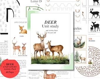 May include: A printable deer unit study and activity pack for children ages 3-6. The pack includes a variety of activities, such as coloring pages, mazes, and puzzles. The cover features a watercolor illustration of a deer family.