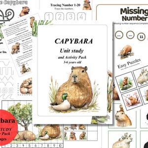 May include: A colorful printable activity pack for kids featuring a capybara, a large rodent native to South America. The pack includes a maze, tracing activities, number puzzles, and easy puzzles. The pack is designed for children ages 3-6 years old and includes 49 pages.