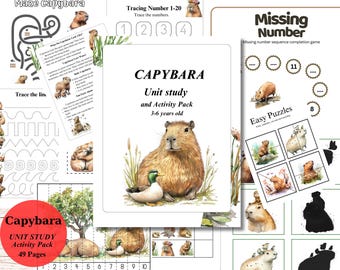May include: A colorful printable activity pack for kids featuring a capybara, a large rodent native to South America. The pack includes a maze, tracing activities, number puzzles, and easy puzzles. The pack is designed for children ages 3-6 years old and includes 49 pages.