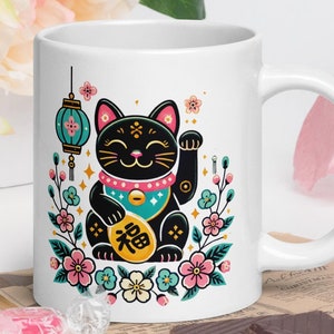 Maneki Neko Czarny Szczęśliwy Kot Ceramiczny Kubek - Japoński Kubek Do Kawy z Wróżbą, 3 Opcje Rozmiaru, Kubek Na Szczęście, Chiński Prezent Na Nowy Rok