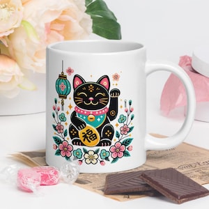 Maneki Neko Black Lucky Cat Ceramic Mug - Japanese Fortune Charm Coffee Cup, 3 Size Options, Good Luck Mug, Chinese New Year Gift