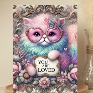 Lot de 10 cartes de voeux vierges 5 x 7 - Illustration de chat « Vous êtes aimé » | Motif chat pastel de la Saint-Valentin | Cartes de vœux uniques | Merci