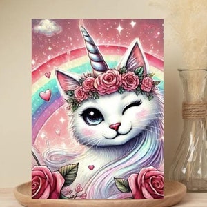 Lot de 10 cartes de voeux chat licorne - Lot de 10 cartes vierges 5 x 7 avec enveloppes, arc-en-ciel et roses, Saint-Valentin, anniversaires