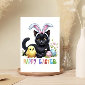 Paquete de 10 tarjetas de felicitación de Pascua para amantes de los gatos: conejo de Pascua con forma de gato negro, interior en blanco, paquete de 10, tarjetas de felicitación de Pascua