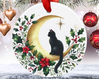 猫　オーナメント　飾り　月 天上の猫のクリスマスオーナメント：ヴィンテージの月とヒイラギの