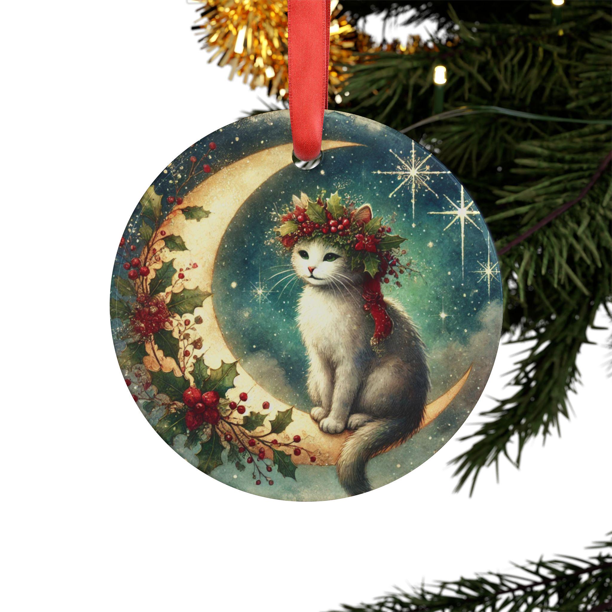 天上の猫のクリスマスオーナメント：ヴィンテージの月とヒイラギの