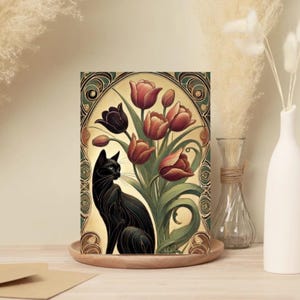 Tarjetas Art Nouveau con tulipanes y gatos negros - Interior en blanco - Paquete de 10 - Ideales para cualquier ocasión