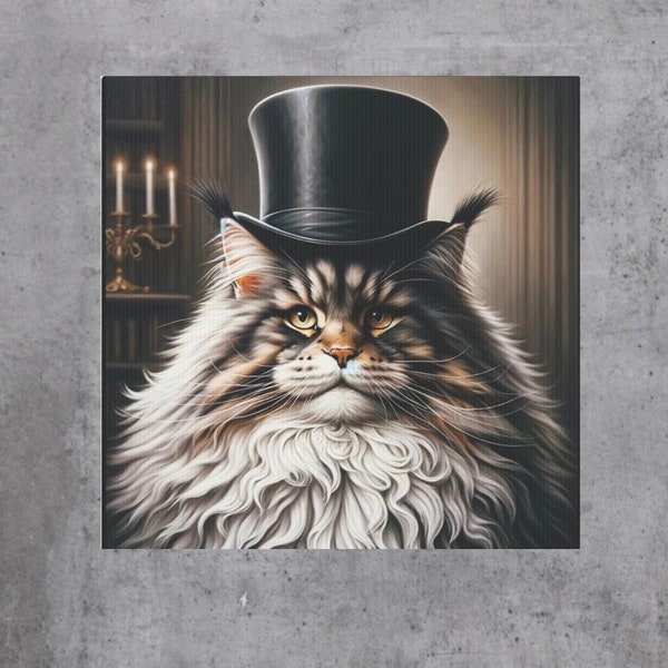 Charming Maine Coon Cat Wall Art - Top Hat Canvas Tile Print - Double-Sided Tape Included