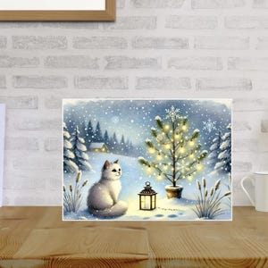10 Pack Christmas Cat Greeting Cards Blank Inside Folded Holiday Cards With Envelopes Winter Tree Lights Snow Scene, Cards For Cat Lovers