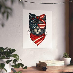 Póster de gato patriótico: obra de arte americana vintage, regalo para amantes de los gatos, decoración del Día de la Independencia, arte mural divertido para el hogar, decoración del 4 de julio