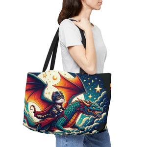 Cat Lover draagtas Dragon Rider, grote fantasie reistas weekendtas, avontuurlijk cadeau draak en kat, duurzaam gesponnen polyester, fantasiecadeau