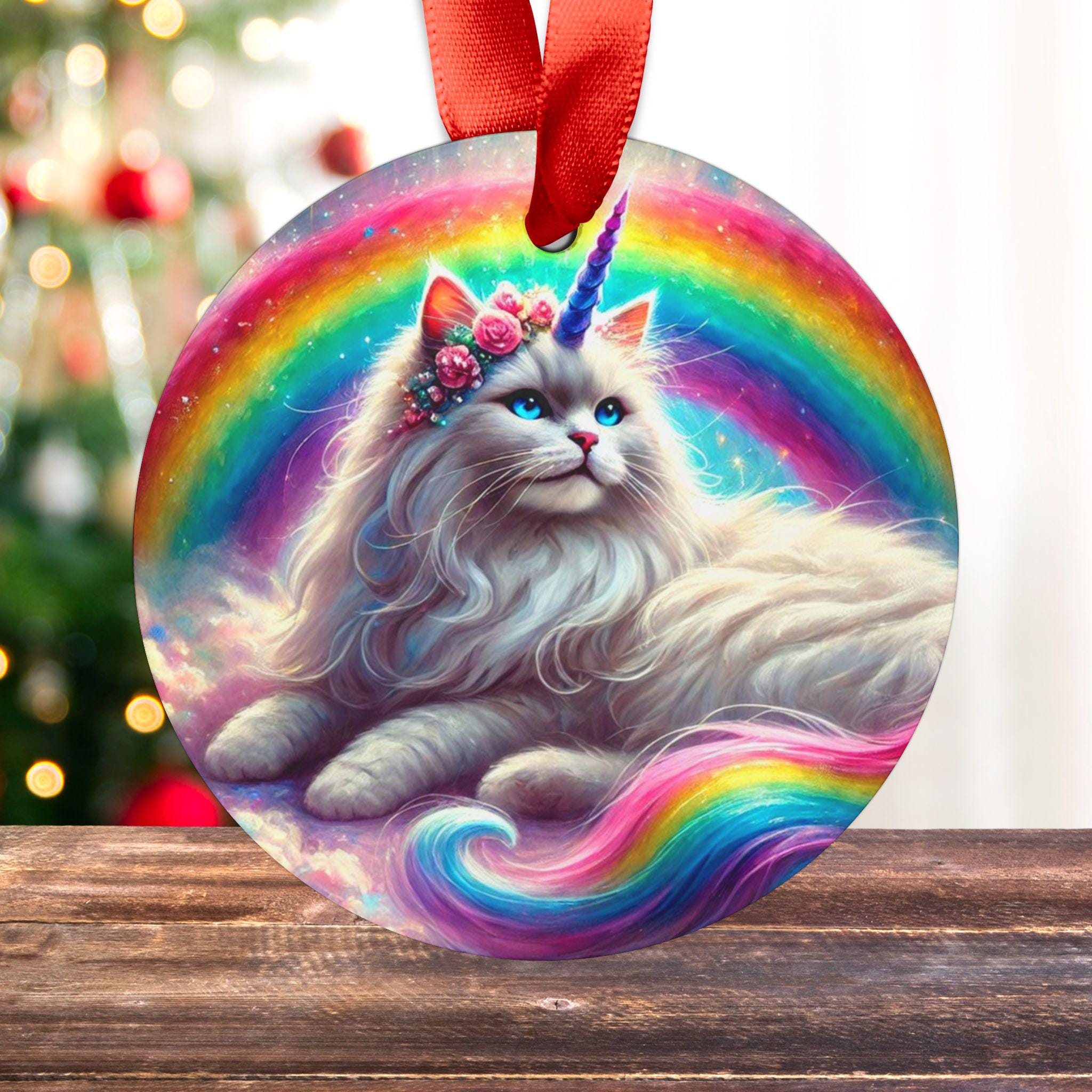 レインボーキャティコーンオーナメント：猫ユニコーンのクリスマス