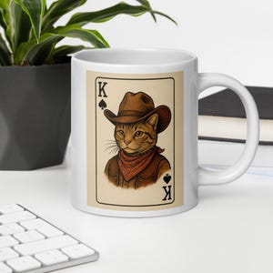 Mug chat cow-boy - tasse à café de cartes à jouer roi de pique, cadeau Western Cowboy Kitty, drôle de tasse d'art chat vintage pour les amateurs de cartes et les fans de chats