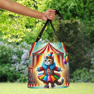 Borsa a tracolla regolabile con gatto da circo colorato - Due misure, design divertente con gattino pagliaccio, borsa unica per tutto