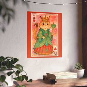Carte à jouer reine de coeur chat - impression d'art - décoration d'intérieur mignonne, art mural ludique, cadeau pour les amoureux des chats, décoration de salle de jeux
