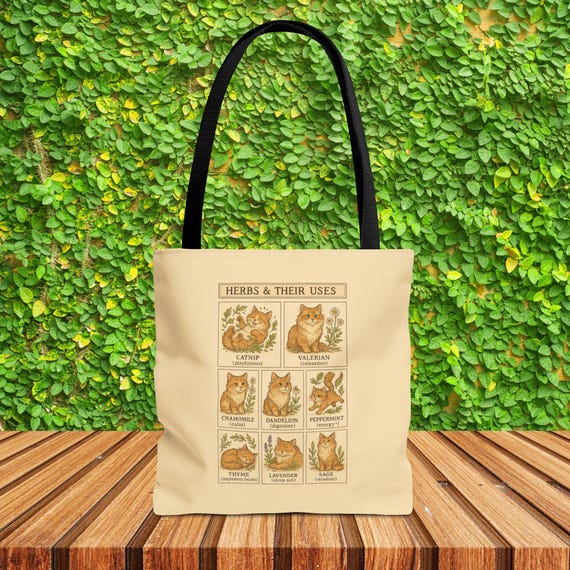 Herbal Cat Tote Bag: Vintage Botanical Design for Cat Lovers