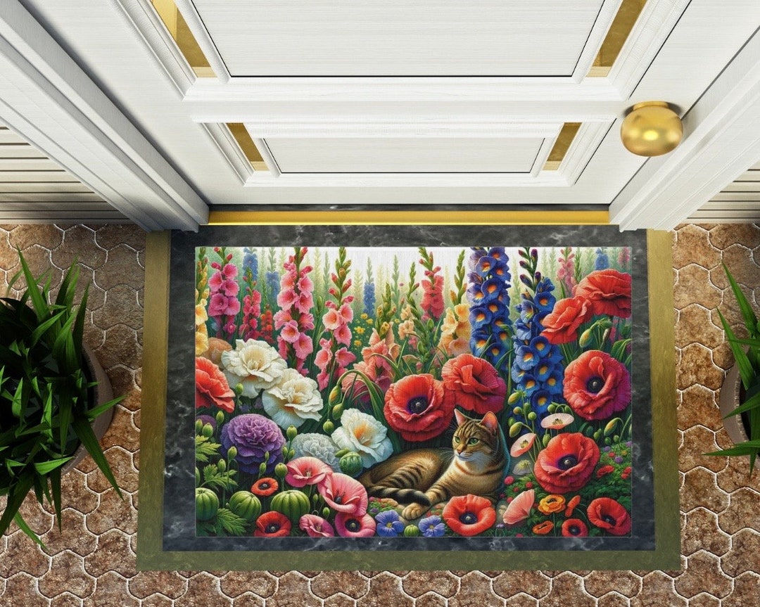 August Birth Flower Rug Gladiolas and Poppies Cat Lover Indoor/outdoor ...