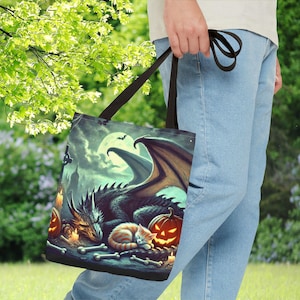 Drache Kürbis Katzenliebhaber Einkaufstasche, Halloween Carryall, gruseliges Geschenk, Fantasy Kunst, Halloween Dekor, Halloween Tragetaschen, Süßes oder Saures Tasche