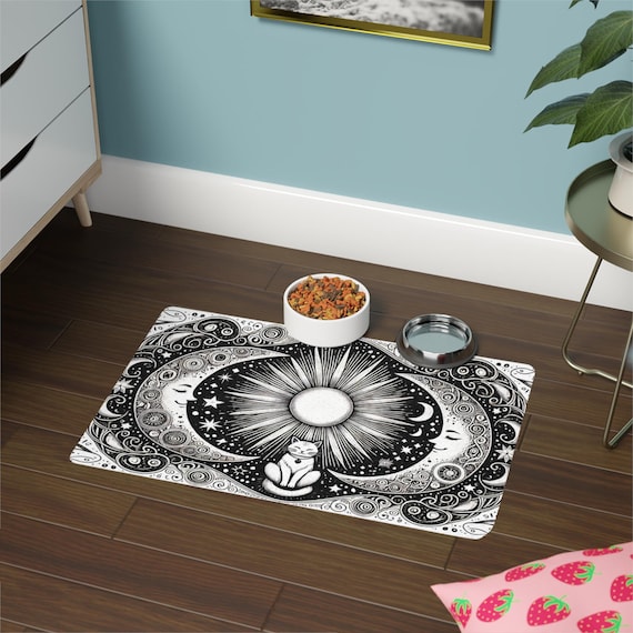 Sun and Moon Cat Food Mat: Non-Slip Waterproof Placemat