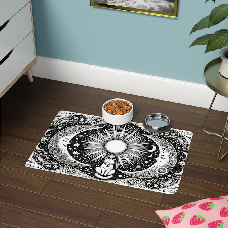 Pet Food Mat, Sun and Moon Cat Placemat, Cat Feeding Mat, Non-Slip Cat Food Tray, Waterproof Pet Mat, 12x18 Cat Mat