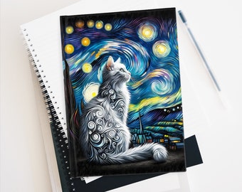 Noche estrellada de gato blanco - Diario en blanco - Cuaderno de tapa dura