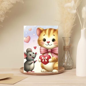 Paquete de 10 adorables tarjetas de felicitación en blanco de San Valentín con forma de gato y ratón (paquete de 10) - Papelería linda con motivos de amor y amistad - 5 x 7 con sobres incluidos