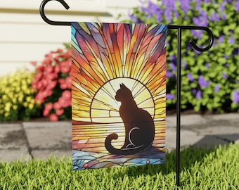 Drapeau de jardin graphique Sunset Cat : décoration de jardin pour les amoureux des chats