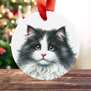 Fluffy Tuxedo Cat Ornament: Acrylic Holiday Decor with Red Ribbon