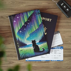 Passport Cover, Cat Lover Northern Lights Travel Wallet, RFID Blocking Faux Leather Passport Holder, Travel Accessory, Gift for Travelers