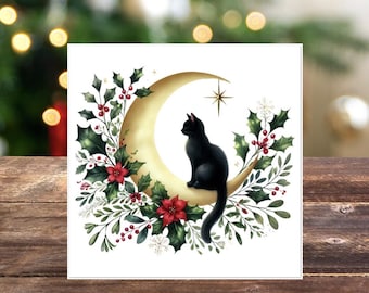 May include: A black cat sits on a gold crescent moon surrounded by holly, berries, and poinsettia flowers. The moon has a star above it.