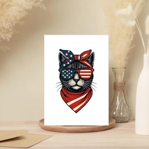 Paquet de 10 cartes de vœux rétro patriotiques avec chat - Lot de 10 cartes de voeux vierges avec drapeau des États-Unis et lunettes de soleil | Cartes de voeux pour les amoureux des chats du 4 juillet