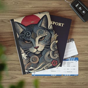 Capa para passaporte Cat Waves, carteira de viagem Cat Lover, porta-cartões, capa para passaporte Cat, organizador de cartões Cat, presente de viagem