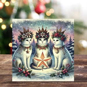 Paquete de 10 tarjetas de felicitación en blanco para amantes de los gatos, con el tema del solsticio de invierno