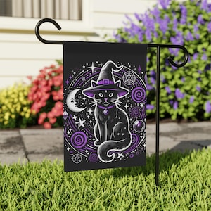 Garden Flag, Black Cat Witch Yard Banner, Halloween Outdoor Decor, Fall Home Decoration, Spooky Season Sign, Wiccan Garden Flag