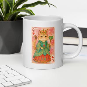 Mug chat reine de coeur - carte à jouer fantaisiste cadeau pour amoureux des chats, tasse à café chaton fantastique, mignon mug art félin royal