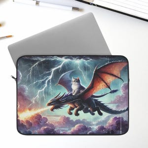 May include: A white cat riding a black and purple dragon with red wings, flying through a stormy sky with lightning bolts. The dragon is breathing fire.