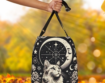 Bolso tote con diseño de gato místico y luna: bolso de hombro bohemio celestial