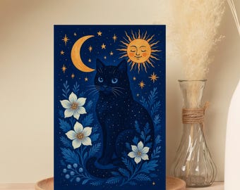 Winter Celestial Black Cat Cards - 10 Pack Holiday Greeting Cards