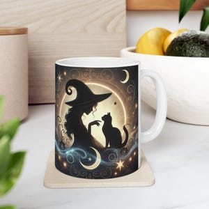 Witch Black Cat Coffee Mug, Black Cat Graphic Coffee Cup, Witch Tea Mug, Cat Lover Gift, Magic Gift, Cat Lady, Witch Mug