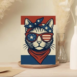 Paquet de 10 cartes de vœux rétro patriotiques avec chat à l'intérieur, avec un chat représentant le drapeau des États-Unis et des lunettes de soleil