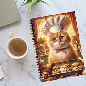 May include: A brown and white cat wearing a white chef's hat and a red bow tie is holding a baking sheet with chocolate chip cookies. The cat is in a kitchen setting with a window in the background.