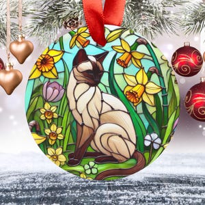Christmas Siamese Cat Ornament, Stained Glass Style Acrylic Tree Decor, Holiday Gift for Cat Lovers, Whimsical Seasonal Decoration