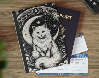 Celestial Crescent Moon Cat Passport Cover: Reisebrieftasche Geschenk