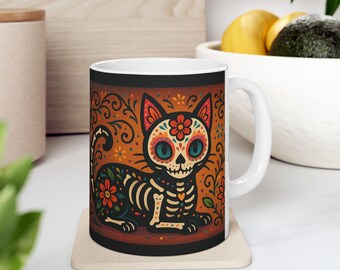 Vibrant Cat Design Ceramic Mug, Day of the Dead Mug, Unique Coffee Cup