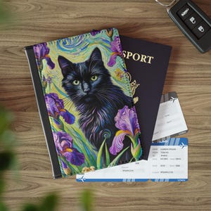 May include: Passport holder with a black cat and purple iris flowers on a colorful background. The holder is made of leather and has a black border.