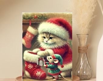 Vintage Cat Christmas Cards - 10 Pack - Holiday Stocking Stuffers